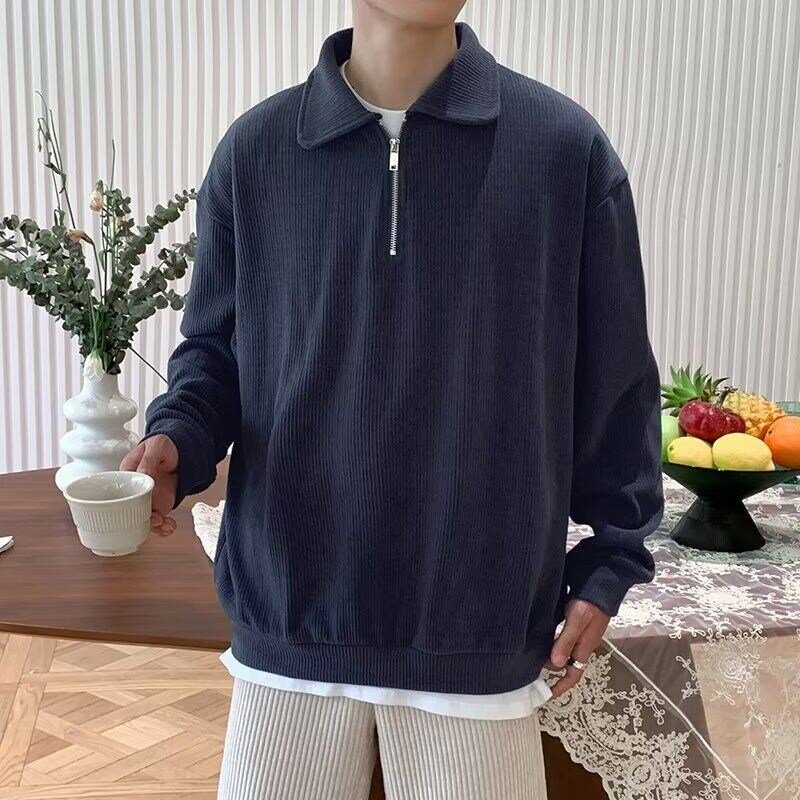 해피유통 남성용 지퍼 하프넥 스트라이프 스웨트셔츠 심플 스타일zjm